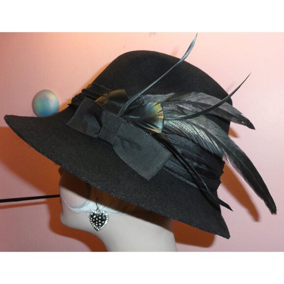 Vintage Chelton Black Wool Cloche Hat w/ Feathers bow church hat Kentucky derby main image 8